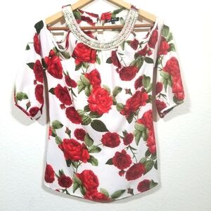Women's White Floral Cold Shoulder Sar Michel Pearl Neckline Blouse